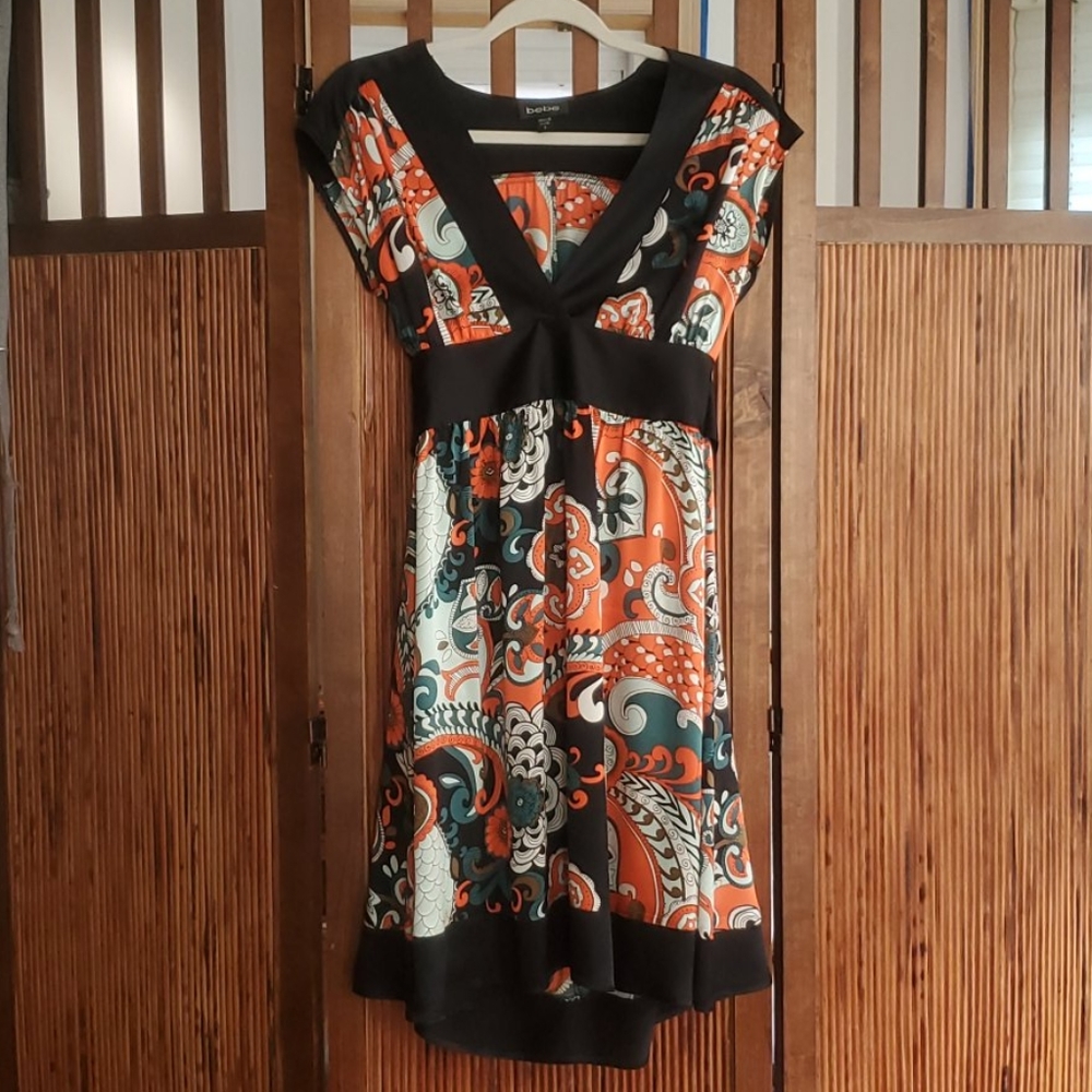 Bebe HiLo Black Silk Paisley Dress w/ Bow Size S